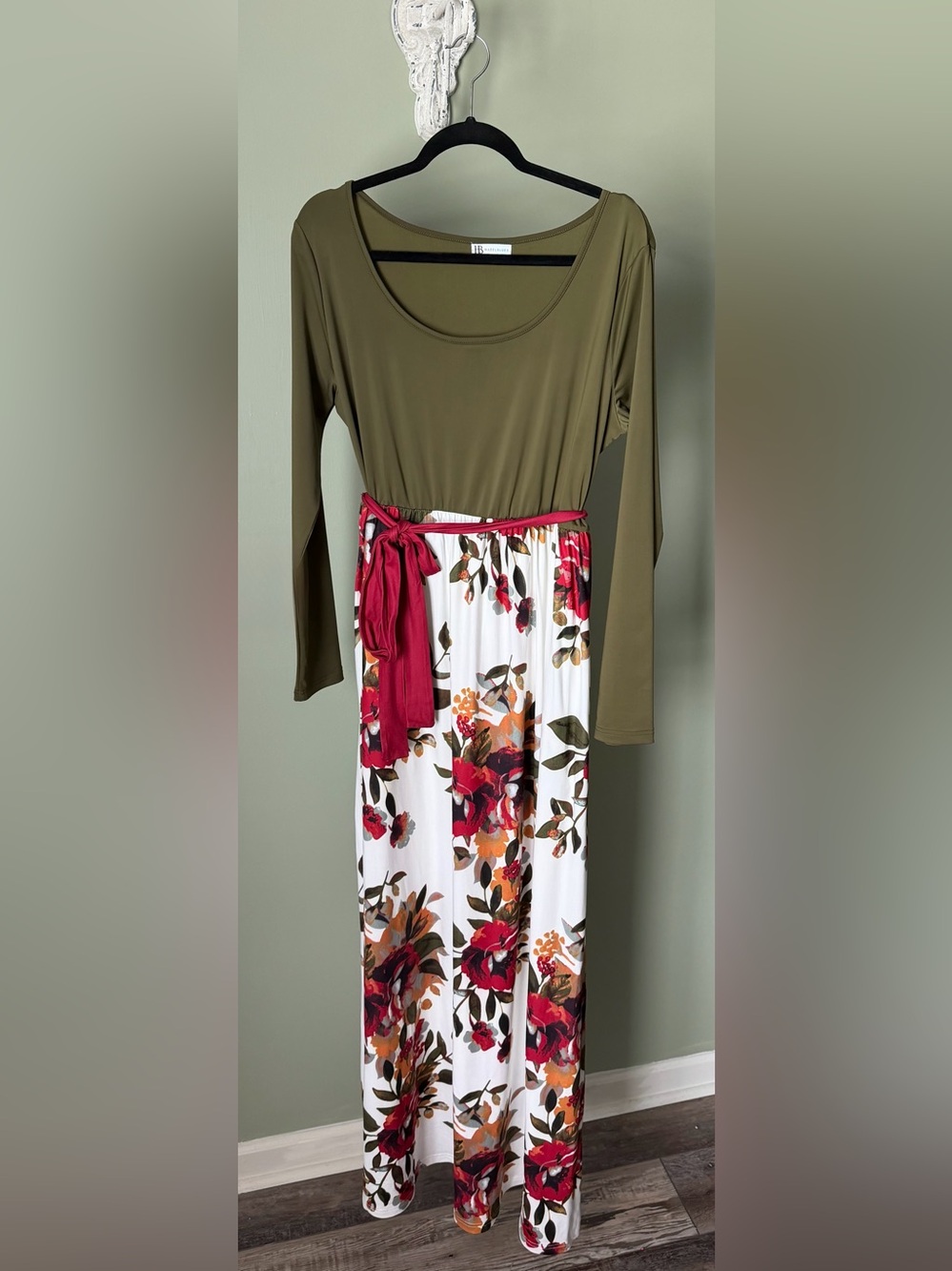Olive & White Floral Maxi Dress with Burgundy Sash